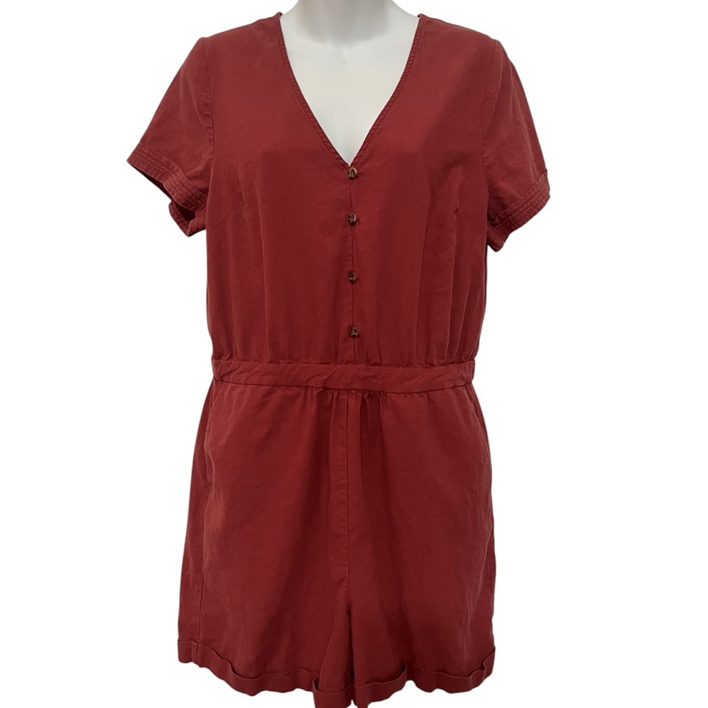 Sonoma Now + Gen Linen Blend Short Jumpsuit Romper Tera Rouge Red Size 12 pocket